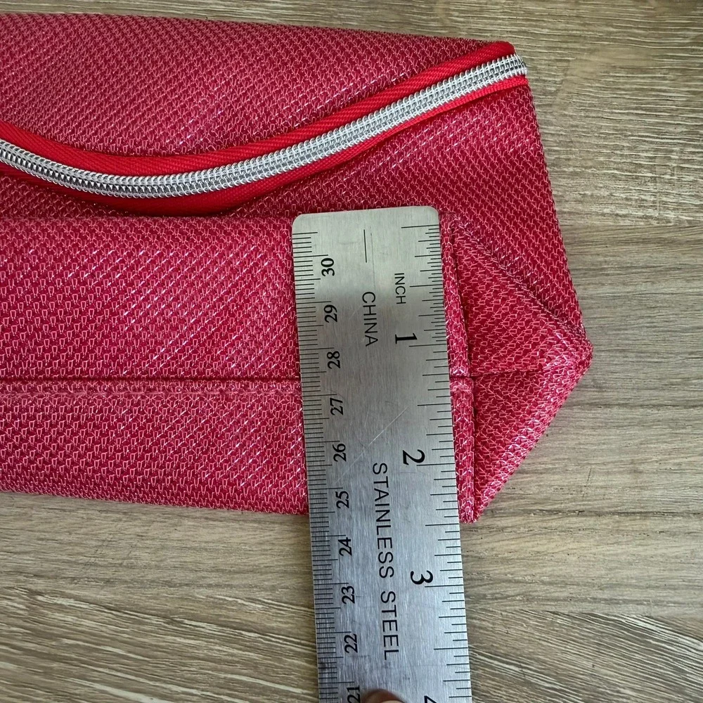 Lancome Paris Pink Textured Woven Cosmetic Makeup Bag Asymmetric Zip‎ Pouch
